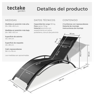 2 tumbonas, aluminio, ajustable en 5 niveles, 180 x 59 x 50 cm, negro