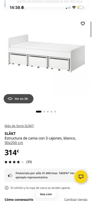 Cama de 90x200 ikea, blanca, con cajones