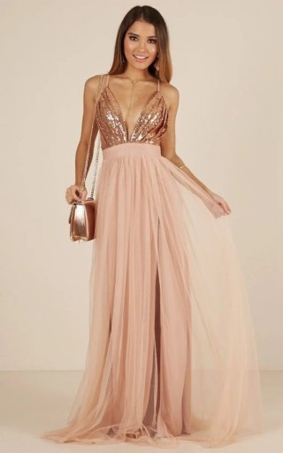 Vestido de fiesta lentejuelas oro y rosa