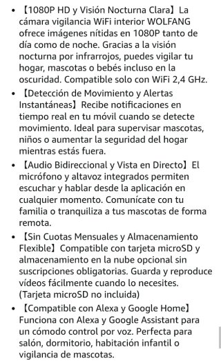 Cámara Vigilancia WOLFANG WiFi Interior 1080P