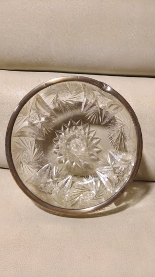 Fuente cuenco antiguo cristal tallado y plata