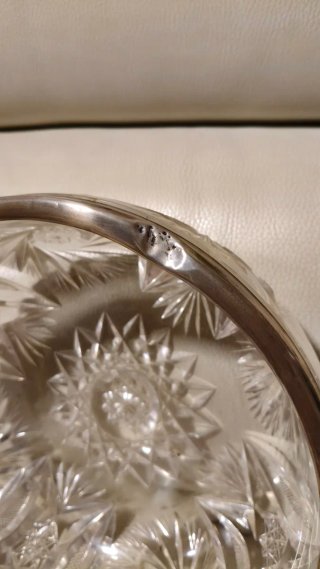 Fuente cuenco antiguo cristal tallado y plata