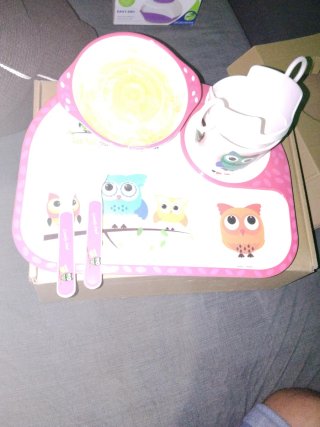 Vajilla infantil búhos plato, vaso y cubiertos