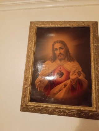Cuadro antiguo Corazón de Jesús pintado a mano