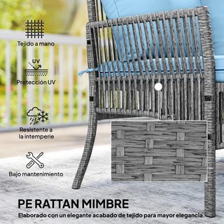 Conjunto Jardín Ratán Sofá Esquina Vidrio Azul