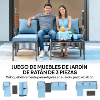 Conjunto Jardín Ratán Sofá Esquina Vidrio Azul