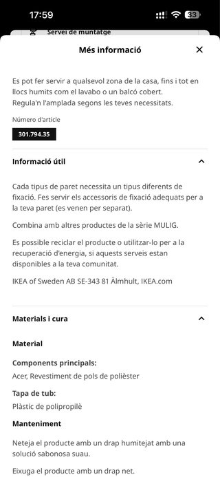Barra Ropa MULIG Ikea Blanca Metal