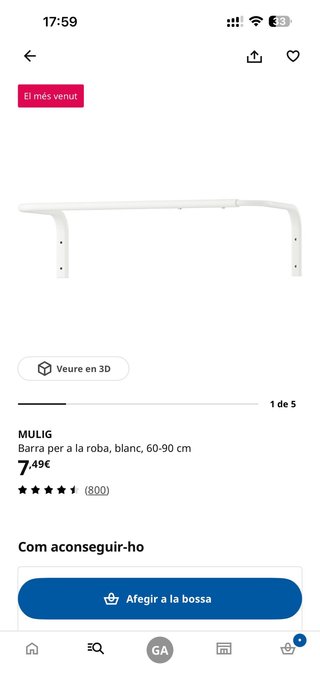 Barra Ropa MULIG Ikea Blanca Metal