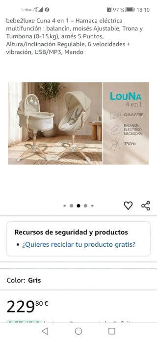 bebe2luxe Cuna 4 en 1 Hamaca Eléctrica Gris