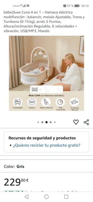bebe2luxe Cuna 4 en 1 Hamaca Eléctrica Gris