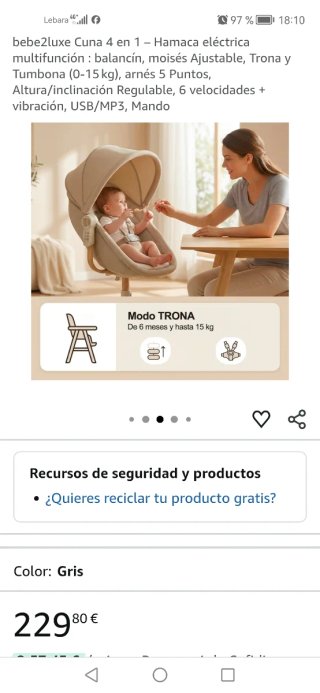 bebe2luxe Cuna 4 en 1 Hamaca Eléctrica Gris