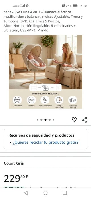 bebe2luxe Cuna 4 en 1 Hamaca Eléctrica Gris