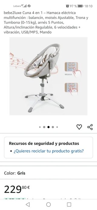 bebe2luxe Cuna 4 en 1 Hamaca Eléctrica Gris