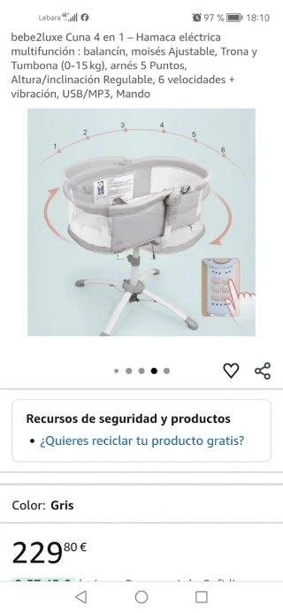 bebe2luxe Cuna 4 en 1 Hamaca Eléctrica Gris