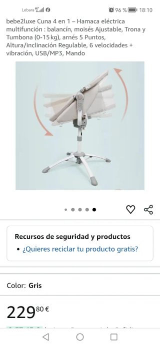 bebe2luxe Cuna 4 en 1 Hamaca Eléctrica Gris