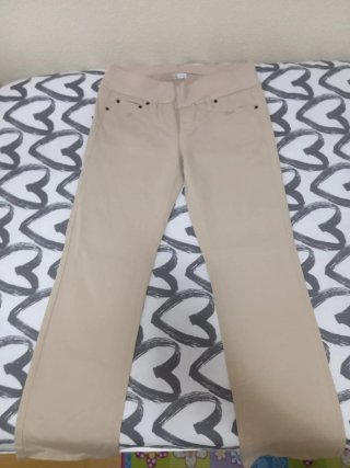 Pantalones vaqueros premamá camel y azul