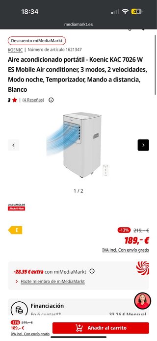 Aire Acondicionado Portátil Koenic KAC 7026 W