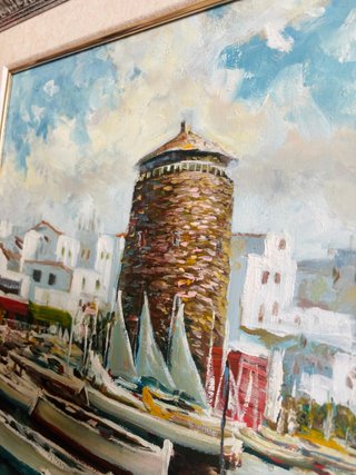 Cuadro al óleo Puerto con marco