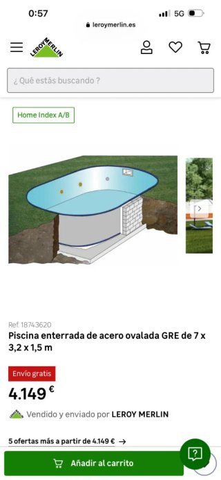 Piscina enterrada acero ovalada 7x3.2x1.5m