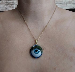 Colgante Ojo Azul Purpurina Verde - Cadena Dorada