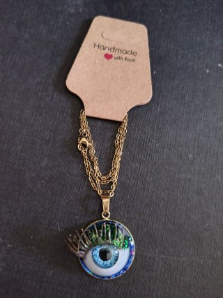 Colgante Ojo Azul Purpurina Verde - Cadena Dorada