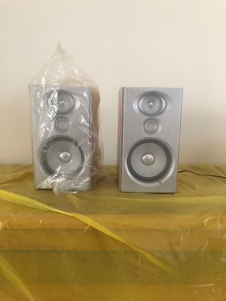 Dos altavoces plateados sin estrenar