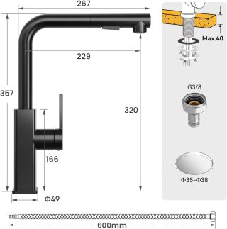 Rubinetto Cucina Nero Doccetta Estraibile