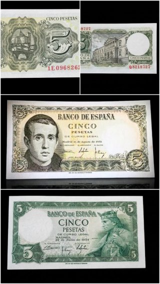 2 Billetes 5 Pesetas España 1951 y 1954