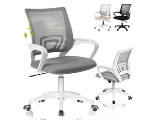 Silla de oficina gris y blanca con ruedas