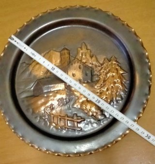 Antico Piatto Rame Decorativo -  Montagna