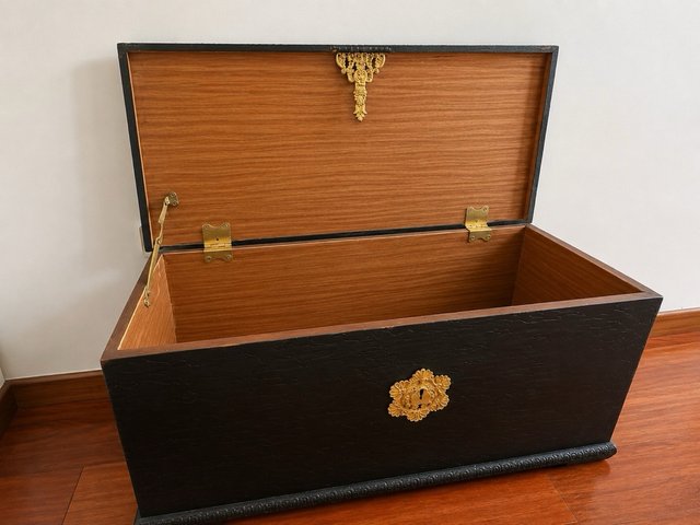 Baúl de madera y metal negro con detalle dorado