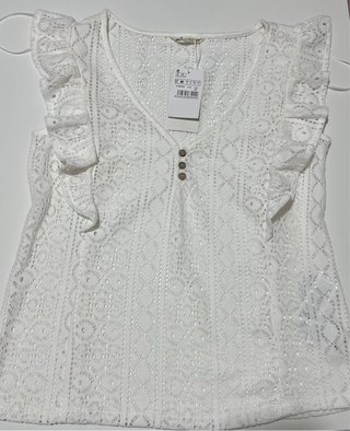 Blusa crochet blanca V con botones Talla M