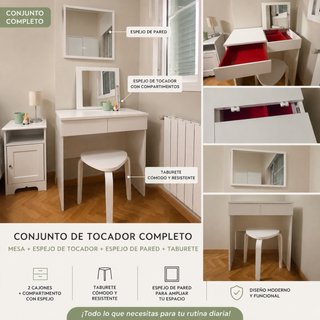 Tocador blanco con taburete y espejo