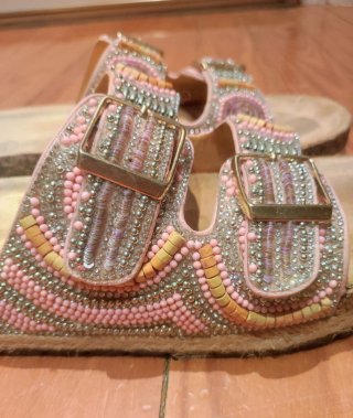 Sandalias Joya Abalorios Doradas Rosas