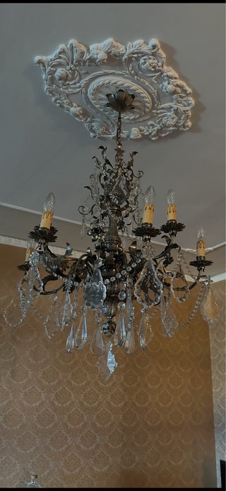 Lampadario Metallo Argentato e Cristallo