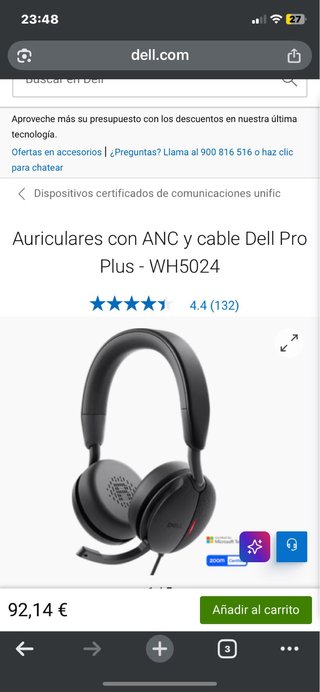 Auriculares Dell Pro WH5024 ANC Cable Negro