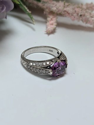Anillo Plata Antigua Amatista Ovalada.