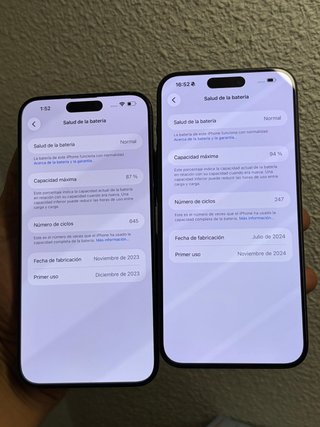 iPhone 15 Pro Max 94% y 87% Batería