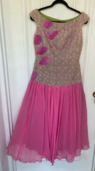 Vestido Vintage Seda Natural Rosa y Dorado
