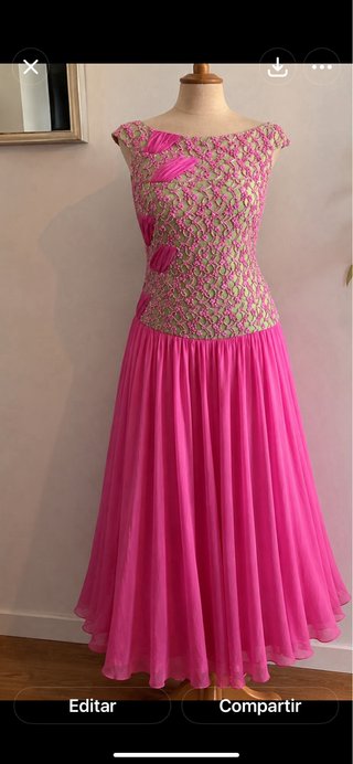 Vestido Vintage Seda Natural Rosa y Dorado