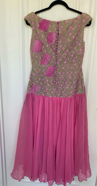 Vestido Vintage Seda Natural Rosa y Dorado