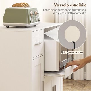 Microondas con 5 Ruedas, Mueble de Cocina con Bandeja Extraíble, Orificio para Cables, Cajón, Armarios de 3 Puertas, Estante Regulable, Carro de Cocina para Sala de Estar, 80X40X88.7 Cm, Blanco