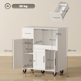 Microondas con 5 Ruedas, Mueble de Cocina con Bandeja Extraíble, Orificio para Cables, Cajón, Armarios de 3 Puertas, Estante Regulable, Carro de Cocina para Sala de Estar, 80X40X88.7 Cm, Blanco
