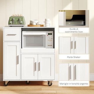 Microondas con 5 Ruedas, Mueble de Cocina con Bandeja Extraíble, Orificio para Cables, Cajón, Armarios de 3 Puertas, Estante Regulable, Carro de Cocina para Sala de Estar, 80X40X88.7 Cm, Blanco