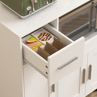Microondas con 5 Ruedas, Mueble de Cocina con Bandeja Extraíble, Orificio para Cables, Cajón, Armarios de 3 Puertas, Estante Regulable, Carro de Cocina para Sala de Estar, 80X40X88.7 Cm, Blanco