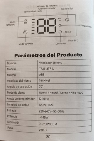Ventilador torre 91cm con mando y temporizador