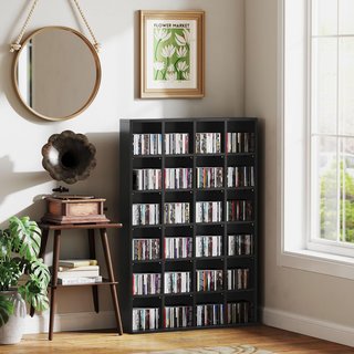 Mueble Porta CD Con Estantes Regulables, Estante Porta 456CD/336DVD Ahorra Espacio en Madera, Mueble Portacd Con 24 Compartimentos, para Sala de Estar, Dormitorio, Oficina, 89X20X130.5 Cm, Negro