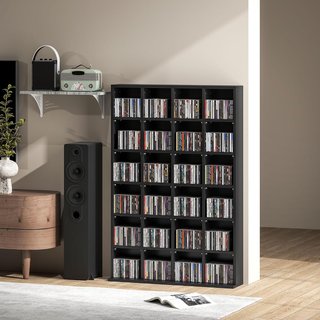 Mueble Porta CD Con Estantes Regulables, Estante Porta 456CD/336DVD Ahorra Espacio en Madera, Mueble Portacd Con 24 Compartimentos, para Sala de Estar, Dormitorio, Oficina, 89X20X130.5 Cm, Negro