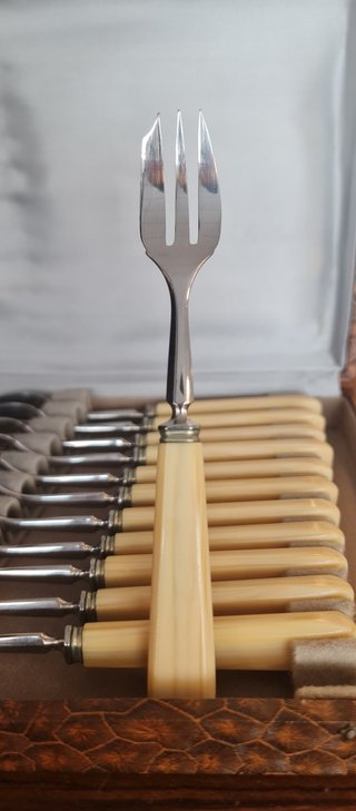12 Tenedores Postre Acero Mango Celuloide Beige