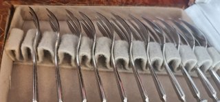 12 Tenedores Postre Acero Mango Celuloide Beige